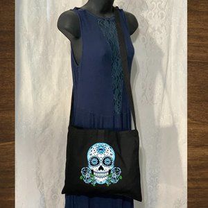 skull Catrina Cotton Canvas Crossbody Messenger Tote Bag with Long Strap